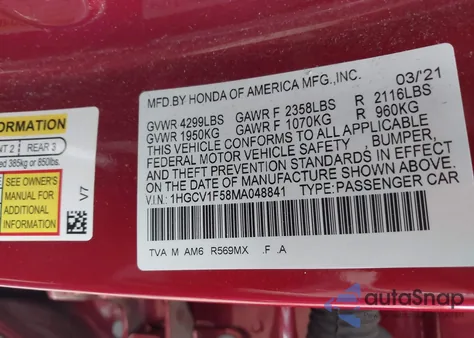 2021 Honda Accord Ex-L из США, поврежденный, VIN 1HGCV1F58MA048841